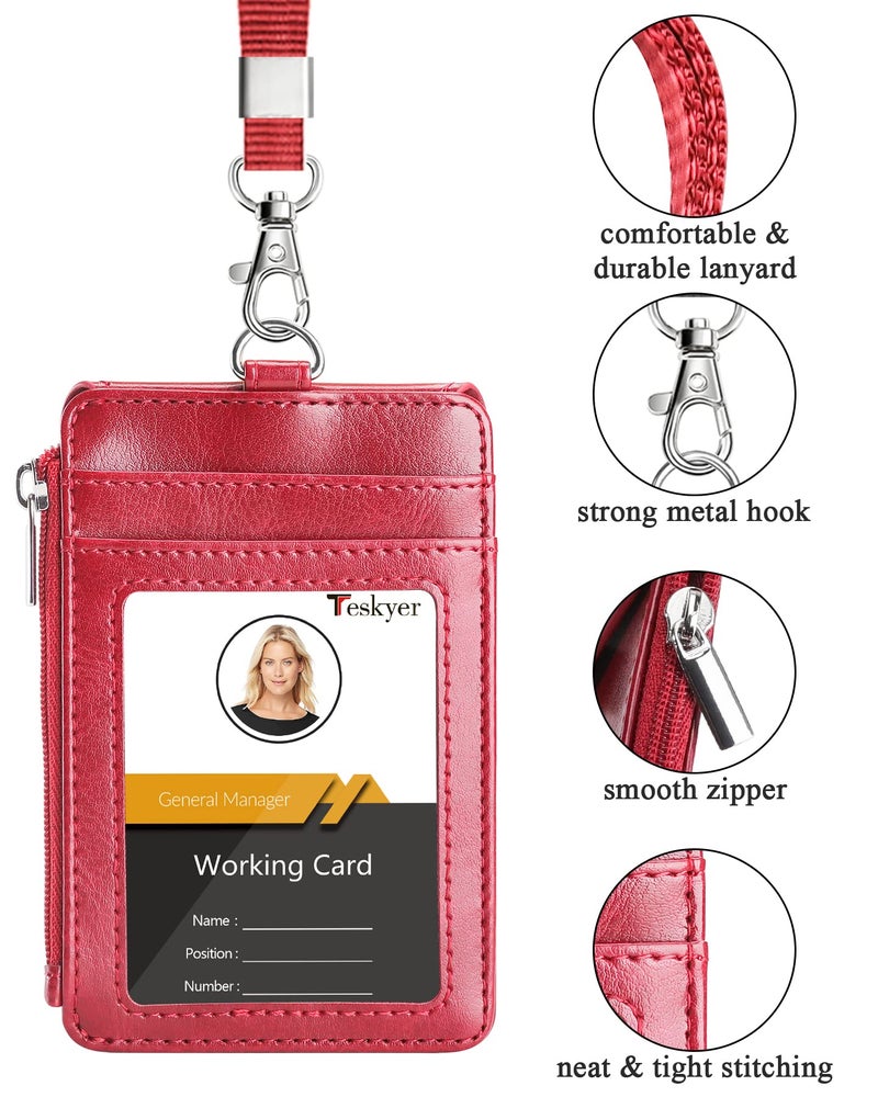 Teskyer Badge Holder with Side Zip Pocket, Multiple Card Slots Leather ID Holder Wallet with Neck Lanyard for Office Staffs, Teachers/Students, Couriers, Workers, Red - Image 3